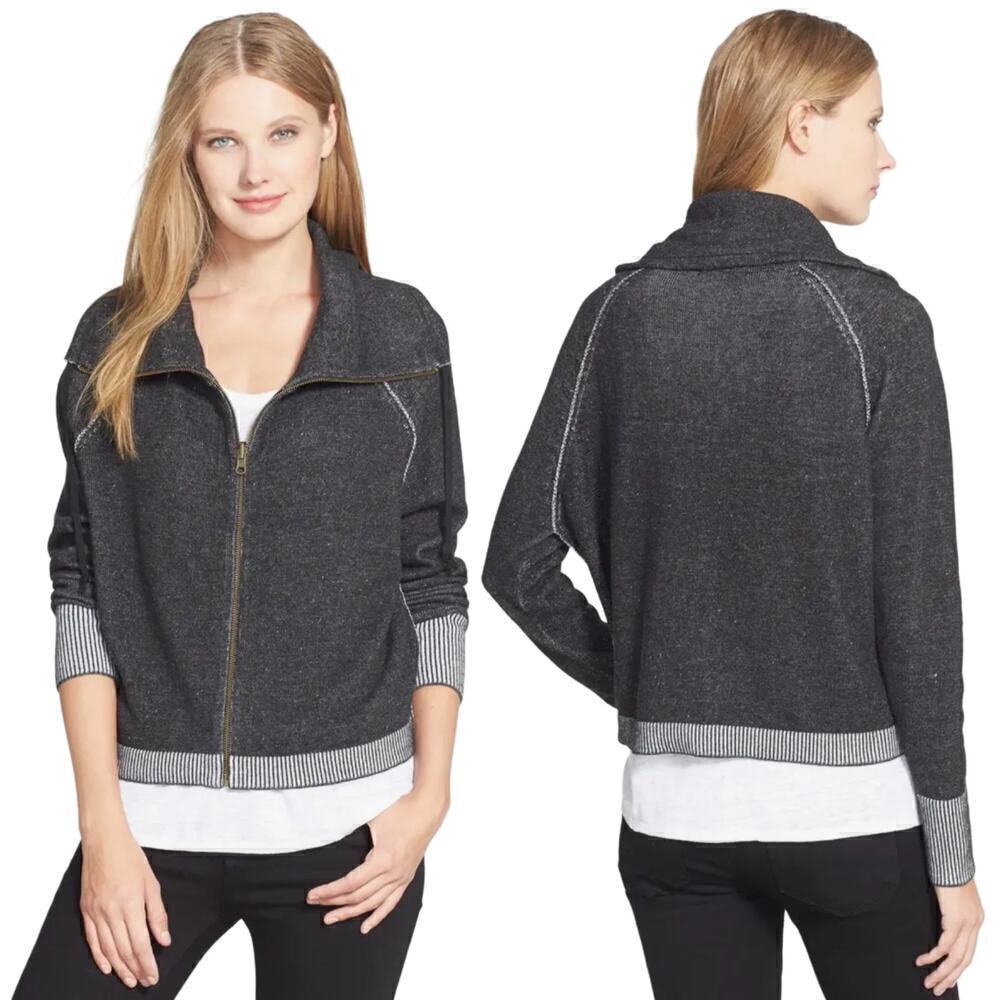 Eileen Fisher Organic Cotton Grey Front Zip Funnel Neck Sweater Size Medium